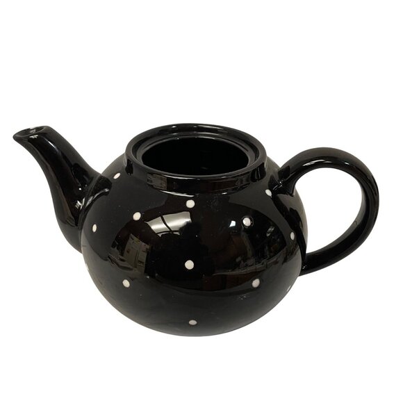 Department 56 Tea Pot Party Black White Polka Dot Teapot 5" x 9" Read - Picture 5 of 11